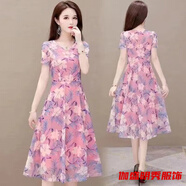 口旋春夏季新款中老年連衣裙高貴洋氣碎花媽媽裝短袖矮個(gè)子過(guò)膝長(cháng)裙子 粉紅色 XL