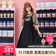 B.Duck小黃鴨短袖連衣裙女2025夏季新款學(xué)院風(fēng)假兩件收腰背帶連身裙女 咖條拼黑 M