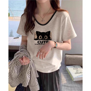 妃麗慕尚正肩卡通貓咪V領短袖t恤女夏季美式復古休閑減齡寬松顯瘦上衣 960-339米灰色 L 建議120斤以內(nèi)
