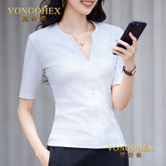 梵喬希品牌定制女裝短袖t恤女新款純色V領(lǐng)正肩紐扣休閑顯瘦上衣百搭半袖 白色 XL