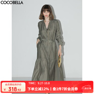 COCOBELLA萊賽爾肌理褶皺連衣裙輕熟女秋氣質(zhì)長(cháng)袖襯衫裙FR915-4 軍綠色 L