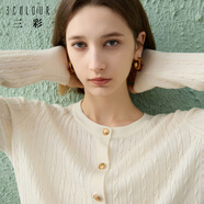 三彩2024冬季新款純色絞花羊毛衫圓領毛衣開衫外套毛衫復古女 米白色 S 155/80A