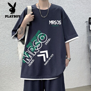 花花公子（PLAYBOY）假兩件短袖T恤男套裝2024夏季新款短褲潮流兩件套休閑家居服裝薄 TZ017上衣深藍色 L