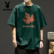 花花公子（PLAYBOY）純棉短袖t恤男ins潮牌日系港風(fēng)復古高街重磅夏裝寬松潮流帥氣美式 森林綠短袖T恤(楓葉) M(適合90-110斤)