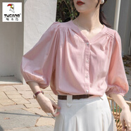 啄木鳥(niǎo)韓系小清新甜美v領(lǐng)短袖襯衫女夏季新款減齡寬松顯瘦開(kāi)衫上衣ins 粉紅色 M 【建議95-105斤】