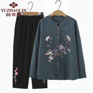 俞兆林媽媽裝老年人衣服奶奶春秋套裝女中襯衫上衣開衫母親節(jié)禮物6070歲 墨綠色上衣+繡花長褲套裝 306款 2XL 建議100-115斤