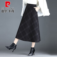皮爾卡丹（pierre cardin）格子毛呢裙大擺裙女秋冬新款半身長裙高腰顯瘦a字裙垂感遮胯冬裙 大格子 M 2尺/27碼