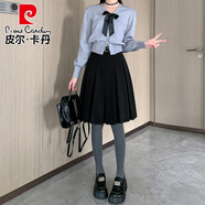 皮爾卡丹灰色毛呢復古百褶半身裙女秋冬2025新款高腰a字五分中裙西裝裙子 黑色 配腰帶 S