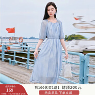 香影溫柔風粉色連衣裙女2025夏季新款超好看五分袖海邊度假沙灘裙 藍色 XL