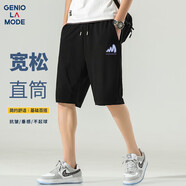 GENIOLAMODE短褲男士夏季休閑寬松直筒松緊腰帶黑色百搭五分褲子潮 黑色 3XL 