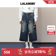 拉拉波波【商場同款】LALABOBO七分牛仔褲25年秋新款潮原創(chuàng)松弛感印花褲子 S