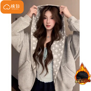 棉致印花拼接連帽外套女秋冬季新款休閑復(fù)古開衫慵懶風(fēng)衛(wèi)衣上衣加絨 灰色【7703常規(guī)高品質(zhì)】 L 100-120斤