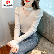 皮爾卡丹（pierre cardin）2025秋冬新款重工釘珠露鎖骨掛脖泡泡袖針織打底衫毛衣內(nèi)搭上衣女 白色 S