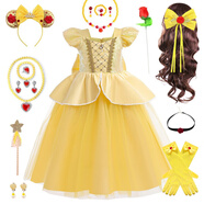 劉潮布女生貝兒公主裙禮服2024兒童美女與野獸萬(wàn)圣節女童蓬蓬裙貝爾表演 MB17服裝配件假發(fā)組合套裝 110