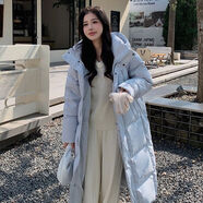 amber heey韓版大口袋白鴨絨羽絨服女2025新款中長款高端連帽保暖女士外套 斜口袋款藍(lán)色 S 推薦(80-125斤）