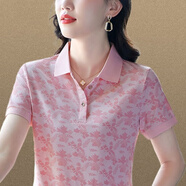 翻領(lǐng)冰絲短袖T恤女夏季新款洋氣中年休閑運動(dòng)透氣POLO衫衣服女裝 2173/粉色 L（建議100斤內）