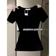S·J·V·K黑色t恤女短袖設計感掐腰v領(lǐng)正肩修身夏季緊身收腰上衣穿搭新款潮 黑色 M