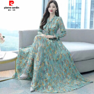 皮爾卡丹（pierre cardin）長(cháng)款連衣裙新款碎花高腰顯瘦夏季長(cháng)袖仙女裙過(guò)膝垂感長(cháng)款 綠色 2XL 建議125-145斤