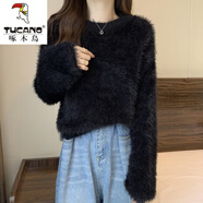 啄木鳥2023秋冬季新款羊毛衫女水毛衣軟糯風(fēng)海馬毛白色溫柔短款針織 黑色 均碼