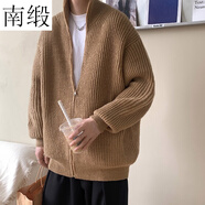 南緞（NANDUAN）秋季國潮高街寬松落肩大版本拉鏈針織毛衣開衫外套男ins加厚保暖 卡其色 S