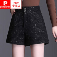皮爾卡丹（pierre cardin）毛呢短褲女春秋2025新款寬松高腰闊腿小香風(fēng)亮片a字打底靴褲外穿 黑色 XL （110-120斤）