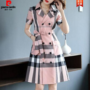 皮爾卡丹（pierre cardin）2024夏裝新款時尚格子雙排扣襯衫裙收腰顯瘦職業(yè)OL氣質(zhì)連衣裙 粉色 XL