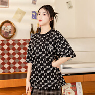美職棒（MLB）官方 短袖女2024夏季新款NY滿印老花男女同款衣服夏裝時尚圓領(lǐng)T恤 紐約洋基隊/黑色 XS 160/84A