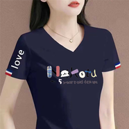 清倉撿漏尾單大牌剪標短袖女t恤夏寬松v領(lǐng)上衣正肩體恤半袖 45白字藏青色【中】可愛字母 3XL 建議145-160斤