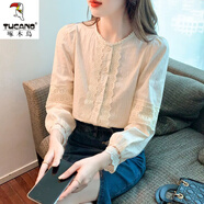 啄木鳥(niǎo)冰絲上衣女士高檔棉襯衫春秋裝歐貨早秋款2025年新款時(shí)尚百搭 杏色 M+100-110斤