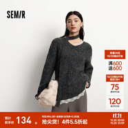 森馬（Semir）毛衣女冬圍巾蕾絲V領(lǐng)絞花寬松2025新款慵懶優(yōu)雅小性感套頭衫 灰色調(diào)00322 XS