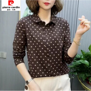 皮爾卡丹春秋季新款時尚圓點全棉襯衫T恤時髦洋氣上衣套頭波點滌棉襯衣女 咖色(長袖 XL(推薦體重85-105斤穿) 按照推