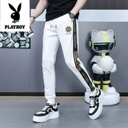 花花公子;PLAYBOY歐版休閑褲男士春秋冬季新款潮牌刺繡 小腳褲帥氣抽繩高端束腳褲 白色【單的】 38