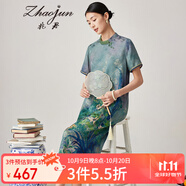 兆君2024春夏真絲新款中式古風短袖連衣裙女優(yōu)雅印花桑蠶絲裙子 灰綠 XL