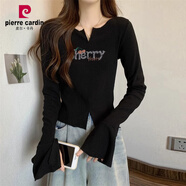 皮爾卡丹（pierre cardin）黑色v領(lǐng)長(cháng)袖t恤女裝春季2025新款喇叭袖打底衫洋氣修身高級感上衣 黑色-櫻桃女士/冬裝/衫//歐洲站/少女/外穿// S (85-95斤)