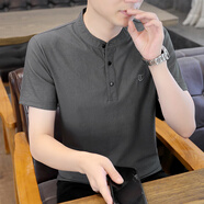 朗光夏季棉麻小立領(lǐng)短袖T恤男修身中國風(fēng)半截袖體恤上衣男裝衣服 灰色 XL