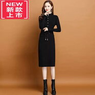 爾煦【品牌撿漏】加絨加厚假兩件針織連衣裙女秋冬中長款系帶新款修身打底內(nèi)搭毛衣氣質(zhì)女裝 黑色 L100-115斤