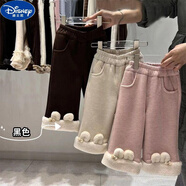迪士尼（Disney）2025冬季韓版女童加絨加厚褲子寶寶洋氣一體羊羔絨休閑喇叭褲外穿 黑色 兔子耳朵闊腿褲 80