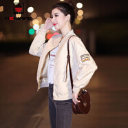 AEMAPE外套女2025春秋冬季新款短外套女刺繡短款?yuàn)A克休閑棒球服女上衣 杏色 2XL _建議135-145斤