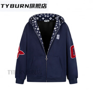 TYBURN126KID 美式印花開(kāi)衫連帽衛衣外套男女秋冬情侶裝拉鏈上衣 藏青色 L