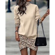 TTPMER秋冬歐美風(fēng)高領(lǐng)印花長(zhǎng)袖連衣裙女 杏色印花 S