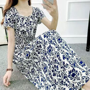 夏民族風(fēng)棉綢碎花連衣裙海邊度假人棉仙女裙大碼印花綿綢短袖長(cháng)裙 蝙蝠袖青花瓷 XL 110-120