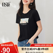 歐莎（OSA）白色短款T恤女士夏季新款衣服短袖印花顯瘦正肩上衣體恤修身 黑色 L