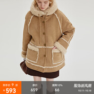 fano studios范洛Fano 冬季加厚連帽仿羊羔毛皮毛一體外套女復(fù)古麂皮絨短外套 淺卡其 XS