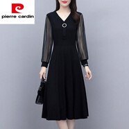 皮爾卡丹（pierre cardin）感長(cháng)袖連衣裙雪紡碎花假兩件洋氣收腰顯瘦中長(cháng)款裙子女春秋裝2025 黑色V領(lǐng)純色 XL 建議115-125斤