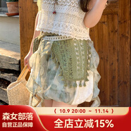 森女部落原創(chuàng)森系印花扎染漸變松緊腰燈籠褲休閑褲夏短褲2025新款 綠色（單件） （單件） S （單件）
