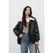 彌古黑色秋冬加厚夾棉皮毛一體外套女皮衣寬松短款機車(chē)服2024新款 雪夜調(黑色) M 均碼