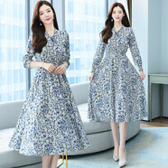 TTPMER淺色碎花韓國(guó)絲長(zhǎng)裙2025秋新款女顯瘦法式洋氣連衣裙 8262藍(lán)小花 M