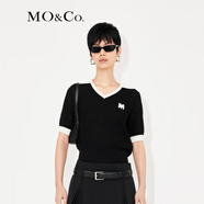 MO&Co.深V大翻領(lǐng)MC刺繡泡泡袖短袖薄款顯瘦針織衫上衣女moco 黑色 XS 155