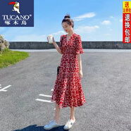 啄木鳥(niǎo)碎花雪紡連衣裙女23年夏季新款韓版氣質(zhì)中長(cháng)款a字沙灘裙子 紅色碎花裙 XL 建議115-125斤