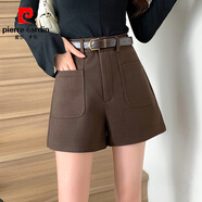 皮爾卡丹（pierre cardin）復(fù)古百搭毛呢短褲女裝秋冬新款高腰寬松a字闊腿休閑褲子外穿靴褲 咖啡色(配腰帶) L